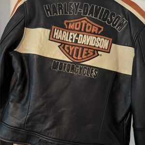 Harley-Davidson Black, Cream & Orange Leather Bomber Jacket